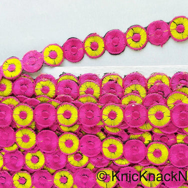Pink & Yellow Embroidered Circles Cutwork Trim, Approx. 22mm Wide